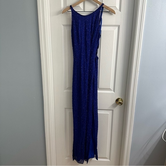 Vintage Prom Dress Formal Long Silk Beaded Open Back Blue Leg Slit Event Small - Picture 5 of 9